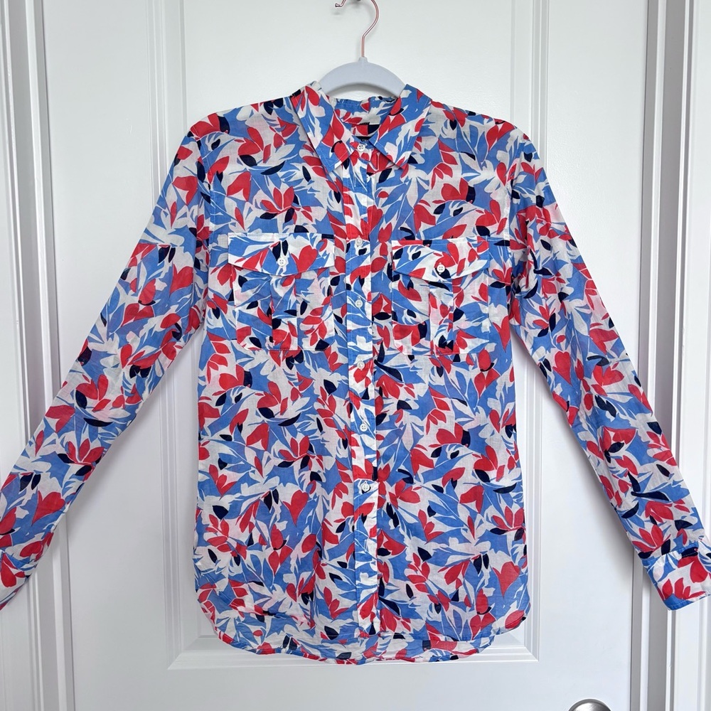 Lauren Ralph Lauren Courtenay Red Blue Floral Cotton Voile Shirt Americana Small